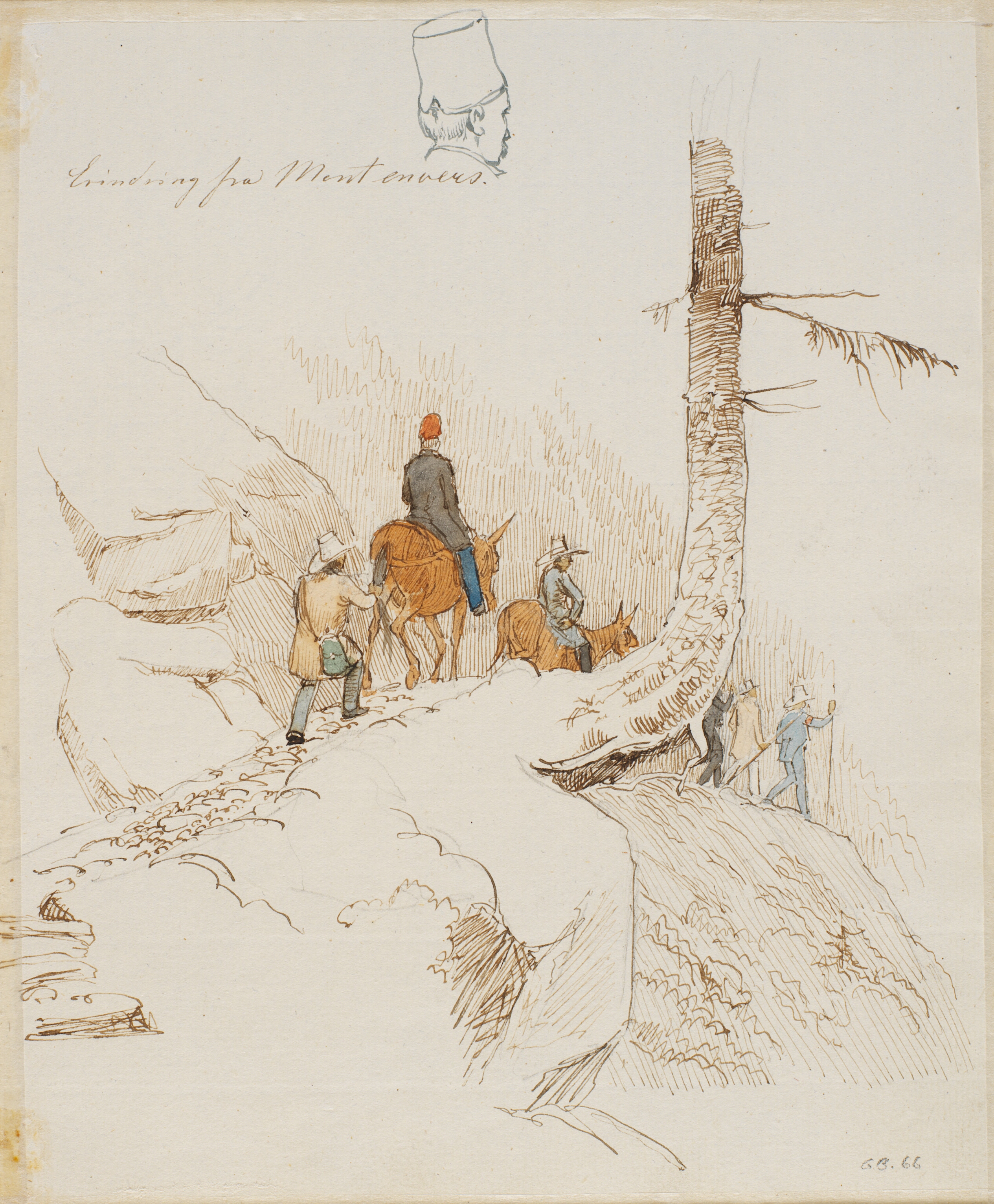 Gående og ridende rejsende paa en Bjergsti f.o. et lille mandshoved set bagfra